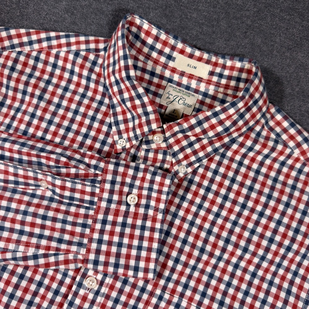J. Crew Button Down Shirt Mens Large Red Blue Gingham Slim Secret Wash Cotton